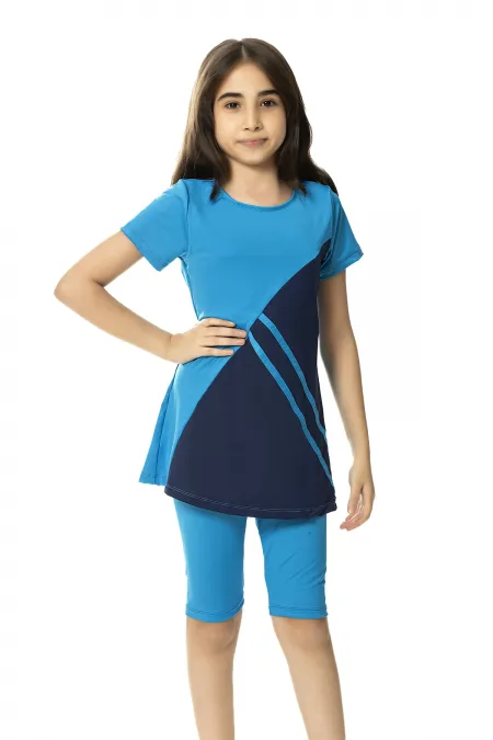 Maillot de bain fille bleu marine à blocs de couleurs, manches mi-longues, collants, 6-13 ans, HZL24S-AR1172-06