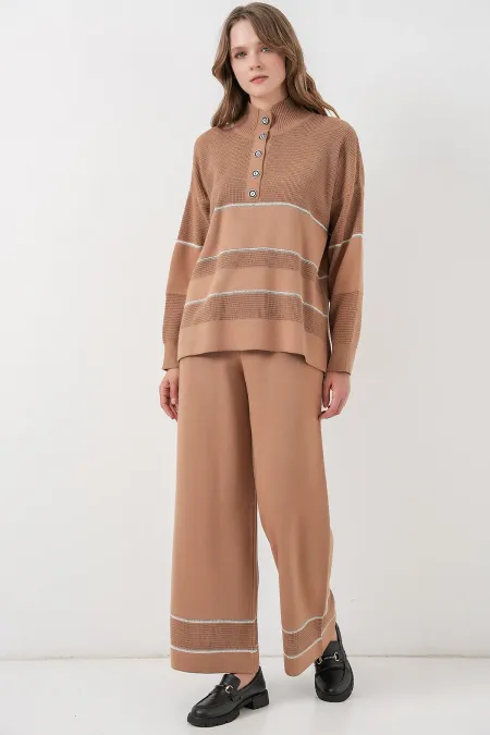 Ensemble deux pièces rayé oversize en maille pour femme 15957 - Camel