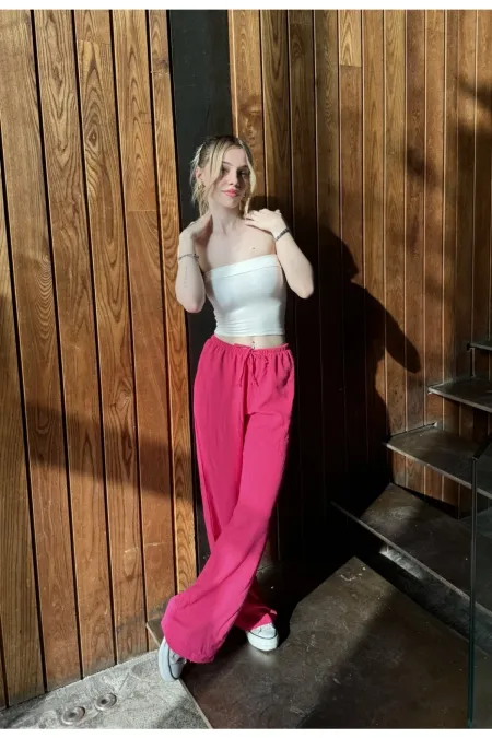 Kadın Pembe Cepli Beli Lastikli Bol Paça Keten Pantolon HZL24S-ZK11051