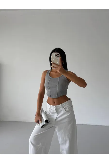 Kadın Gri Fitilli Kaşkorse Crop Bluz HZL25S-FRY123171