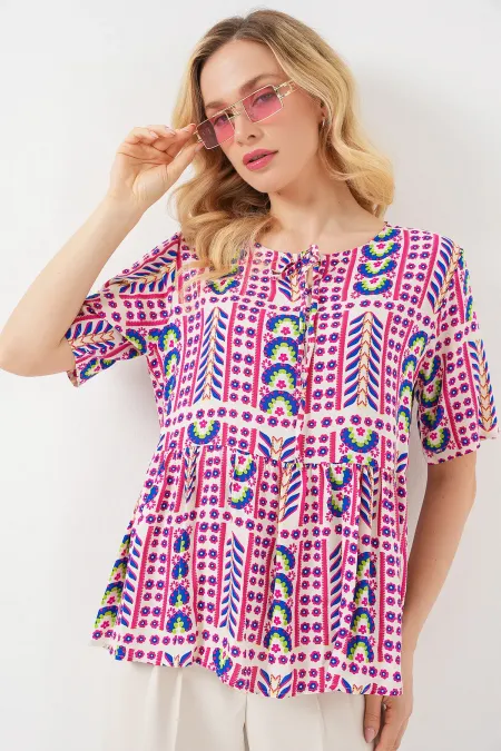 Women's Patterned Short-Sleeve Blouse 969 - Fuchsia