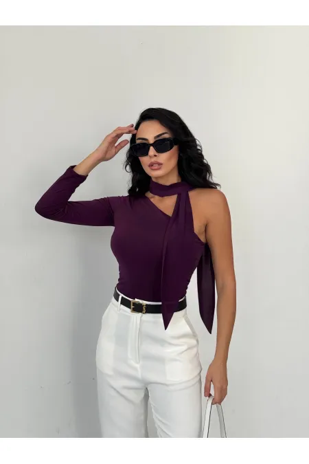 Kadın Mor Fularlı Sandy Kumaş Asimetrik Kesim Bluz HZL25S-FRY123371