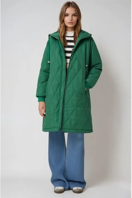 Kadın Zümrüt Yeşili Kapitone Uzun Şişme Mont HZL22W-BD151381