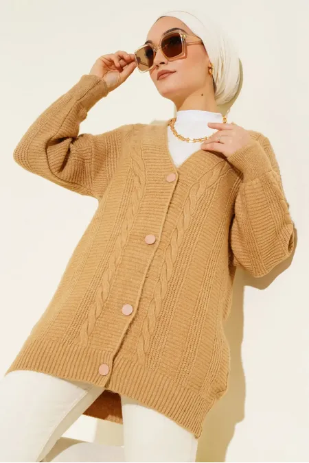 15768 Tesettür Triko Hırka - Vizon