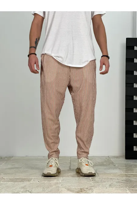 Pantalon de survêtement coupe droite à rayures blanches et beiges pour homme, avec poches et lien à la taille, HZL24S-MXC8948-179