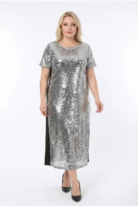 Kadın Gümüş Büyük Beden Payetli Uzun Abiye Elbise Şık Elbise HZL26S-PR11111