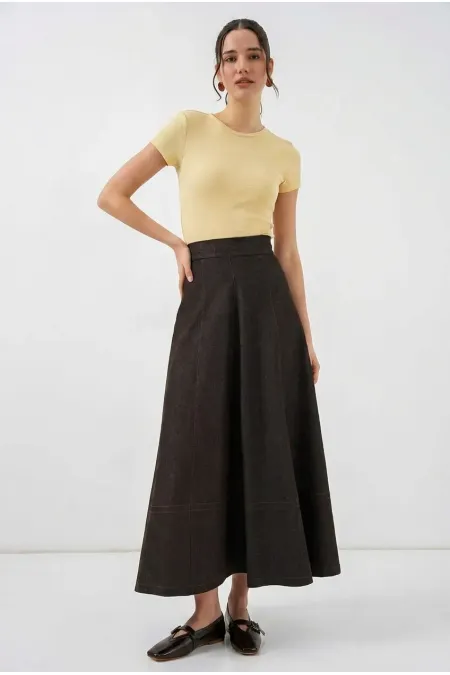 Kadın Kahverengi Yüksel Bel Uzun Jean Etek HZL26W-BD180661