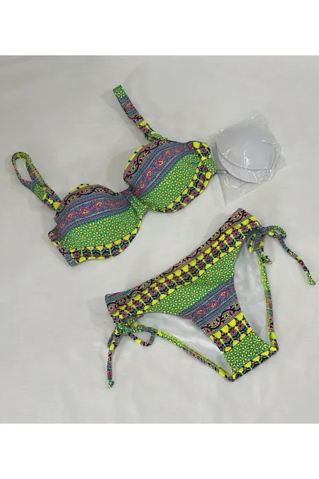 Women's Green Multicolored Ethnic Patterned Tassel Bikini Set HZL25S-LC8004