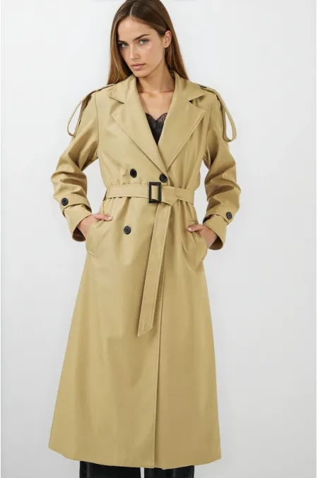 Trench-coat croisé vert pétrole pour femme, doublé et ceinturé, HZL25W-BD159411