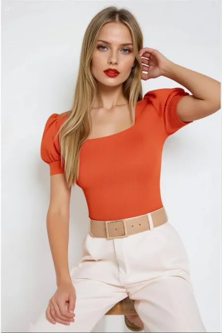 Kadın Oranj Kare Yaka Örme Bluz Hzl22w-bd104091