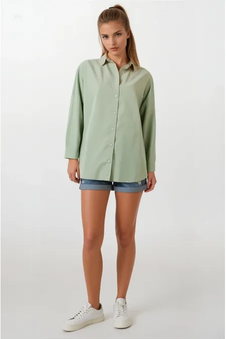 Kadın Çağla Yeşili Oversize Uzun Basic Gömlek Hzl22w-bd139001
