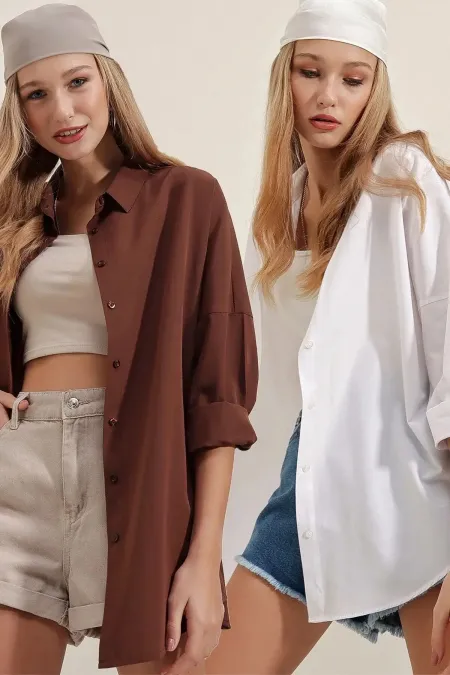 3900 Oversize Uzun Basic Gömlek İkili Paket - Beyaz Ve Kahve