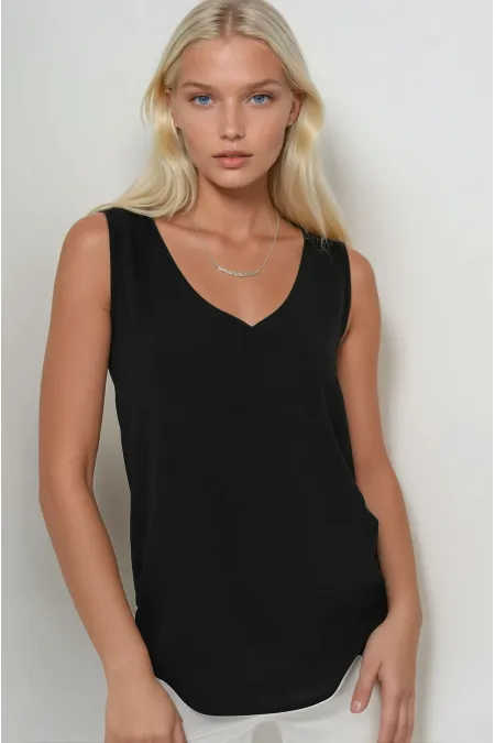 Kadın Siyah V Yaka Sıfır Kol Bluz HZL25S-BD19501