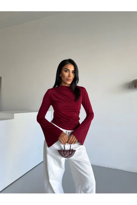 Kadın Bordo Drape Detaylı İspanyol Kol Sany Bluz HZL25W-FRY123431