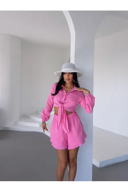 Kadın Pembe Müslin Keten Şort Gömlek Alt Üst Takım HZL25S-DSB1012
