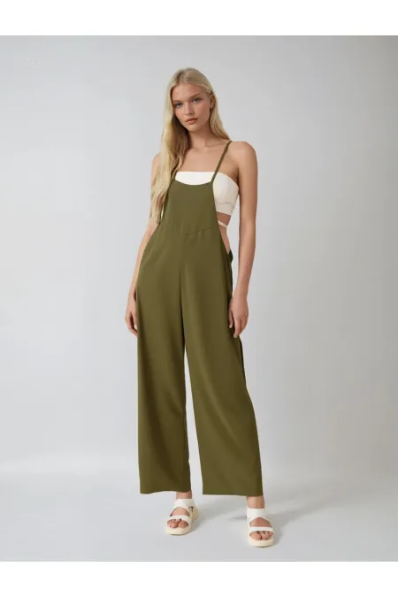Kadın Haki Ayarlanabilir Askılı Cepli Bol Paça Bahçıvan Tulum HZL22S-BD170191