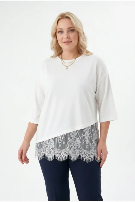 Women's White Plus Size Crew Neck Short Sleeve T-Shirt with Tulle Detail HZL26S-ZSS19521