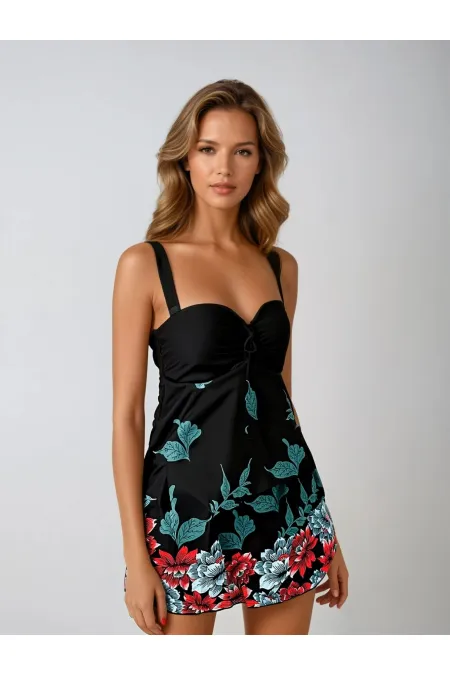 Robe noire à motifs floraux pour femme, modèle Tankini Slip HZL24S-LC4009