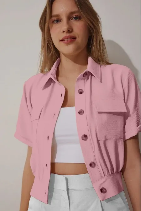 Veste courte d'été boutonnée à manches courtes pour femme, couleur vieux rose, avec poche et poches, HZL22S-BD106631