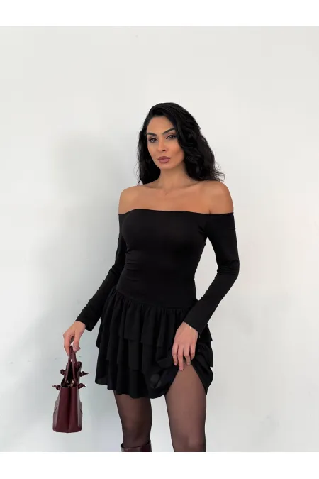 Women's Black Strapless Neckline Layered Skirt Detail Mini Dress HZL25W-FRY123581