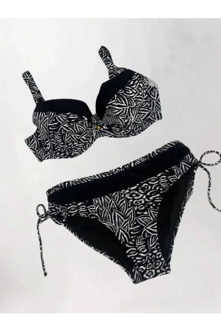 Women's Black and White Patterned Plus Size Lined Bikini Set HZL25S-LC4006
