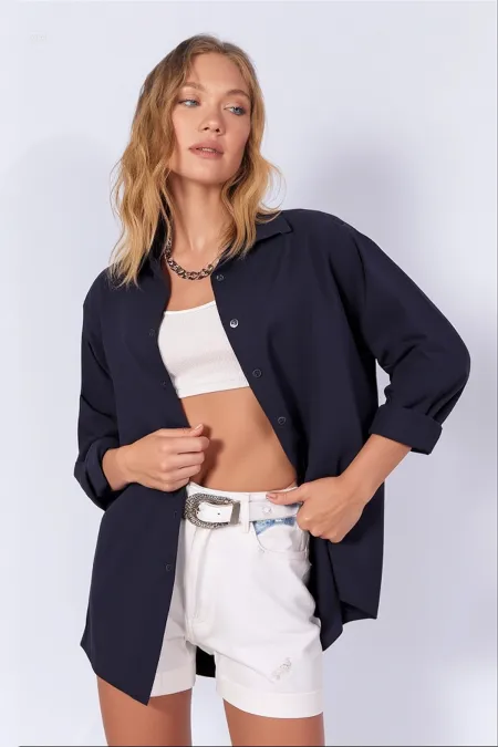 Kadın Lacivert Oversize Uzun Basic Gömlek HZL22W-BD139001