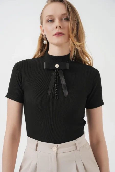 926 Collar Detail Short Sleeve Blouse - Black