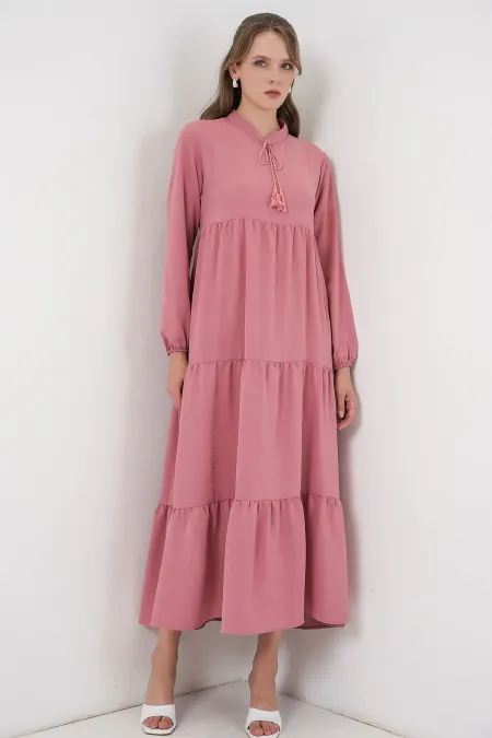 T1627 Yaka Bağcıklı Elbise - Gül Kurusu