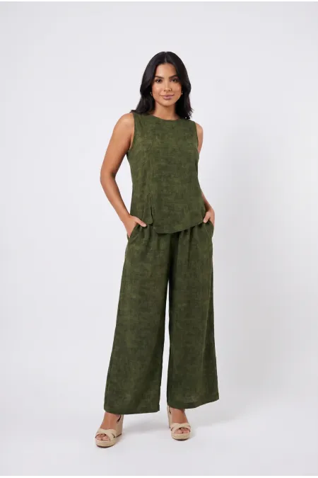 Women's Khaki Linen Textured Relaxed Fit Two-Piece Set HZL26S-VL15141