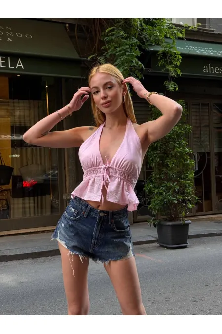 Kadın Pembe Boyundan Bağlamalı Sırtı Açık Keten Bluz HZL24S-ZK11081