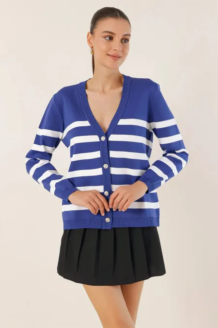 Kadın Lacivert Çizgili V Yaka Rahat Kesim Triko Hırka HZL24W-BD1102151