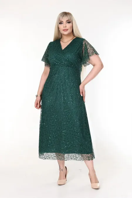 Kadın Zümrüt Yeşil Büyük Beden Kruvaze Yaka Payetli Abiye Elbise HZL26S-PR11171