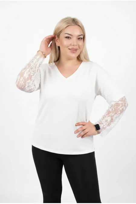 Women's White Plus Size V-Neck Lace Sleeve Blouse HZL26S-ZSS19661 Women's White Plus Size V-Neck Lace Sleeve Blouse HZL26S-ZSS19661