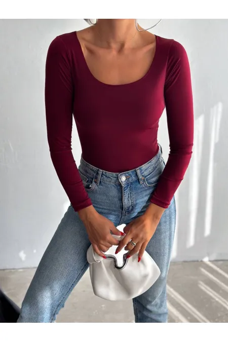 Kadın Bordo U Yaka Uzun Kollu Sandy Bluz HZL25S-FRY122471
