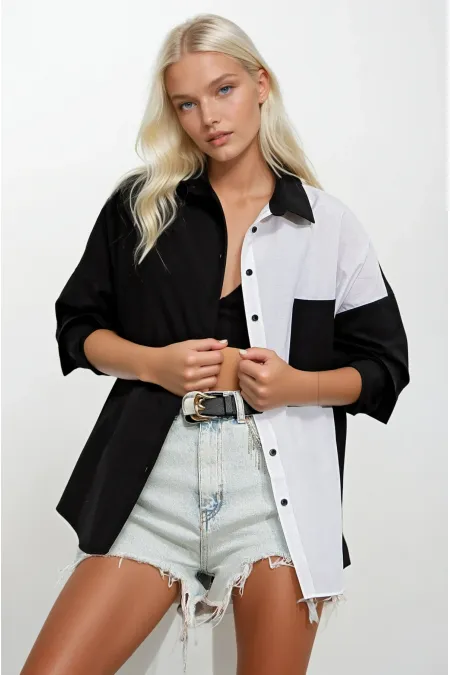 Kadın Siyah Beyaz Renk Bloklu Poplin Basic Gömlek HZL22S-BD1201161