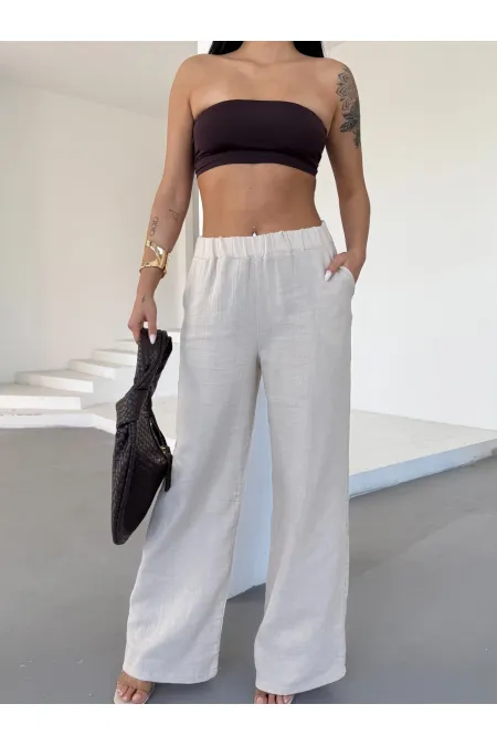 Kadın Krem Beli Lastikli Müslin Kumaş Bol Paça Pantolon HZL25S-DSB12221