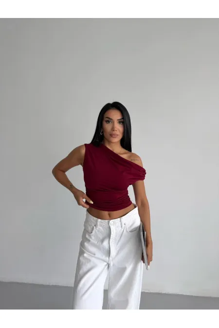 Kadın Bordo Yandan Drapeli Kayık Yaka Sandy Bluz HZL25S-FRY123201