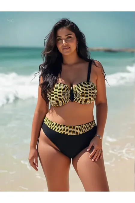 Women's Yellow Chain Patterned Plus Size Lined Black Bikini Set HZL25S-LC3303