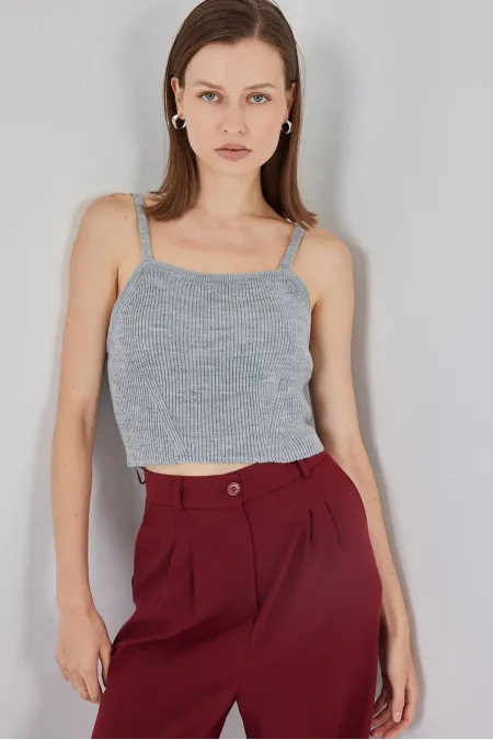 Kadın Askılı Crop Top Bluz 15934 - Gri