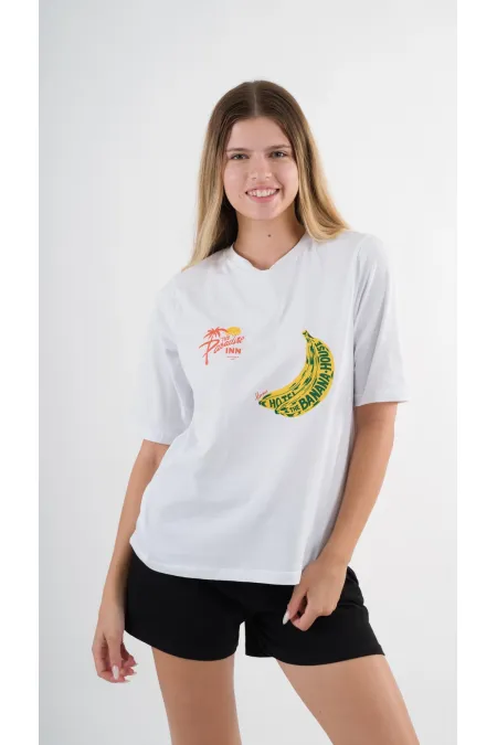 Kadın Beyaz Sarı Banana House Baskılı Bisiklet Yaka T-Shirt HZL24S-YY302