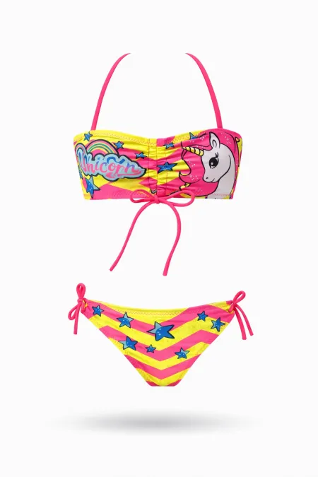 Kız Çocuk Pembe Unicorn Desenli  2-8 Yaş Straplez Bikini Takım HZL24S-LC3658