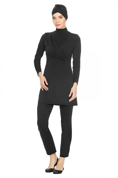 Women's Plus Size Hijab Black Long Sleeve Full Coverage Lycra Dress Swimsuit with Leggings HZL24S-AR1285 Women's Plus Size Hijab Black Long Sleeve Full Coverage Lycra Dress Swimsuit with Leggings HZL24S-AR1285