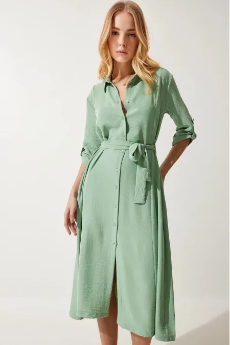 Kadın Çağla Yeşil Gizli Cepli Kuşaklı Viskon Gömlek Elbise HZL24S-BD124421