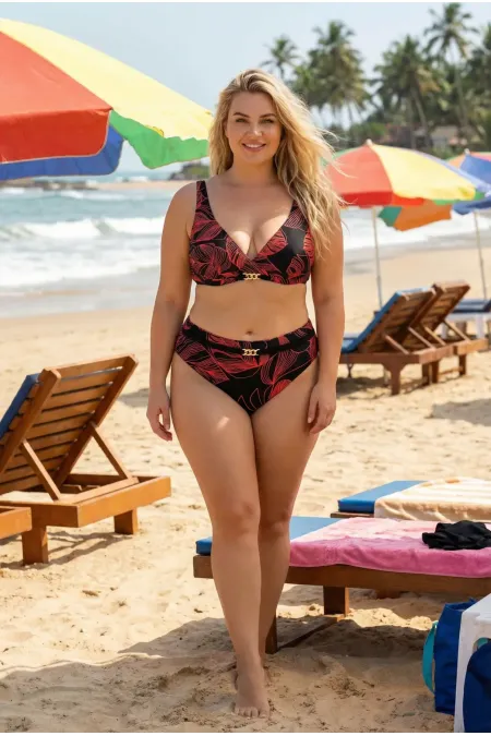 Ensemble bikini grande taille doublé avec détails accessoires noirs et rouges pour femme HZL25S-LC25147