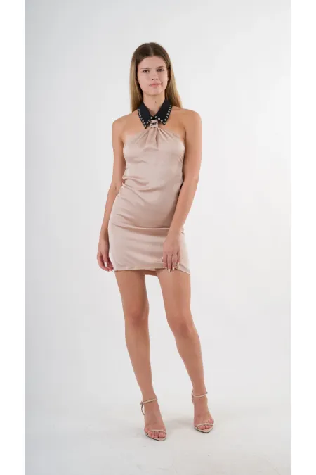 Kadın Bej Halter Yaka Saten Kumaş Sırt Dekolteli Mini Elbise HZL24S-YY262