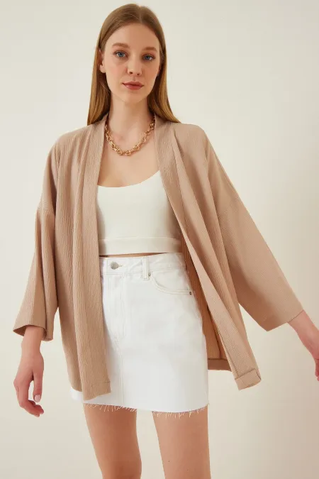 Veste de saison texturée en vison pour femme, ouverte sur le devant, col superposé, HZL22S-BD158621