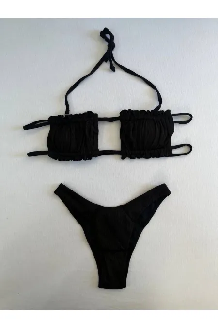 Ensemble bikini noir sans bretelles à nouer pour femme HZL25S-LC2226