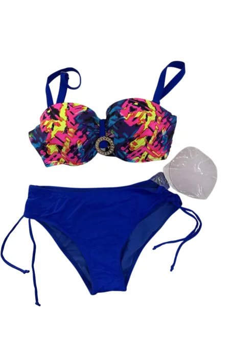 Women's Saxe Blue Color Patterned Buckle Detailed Lined Bikini Set HZL25S-LC3322