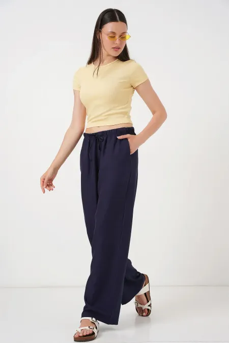 Pantalon large en lin pour femme 6735 - Bleu marine