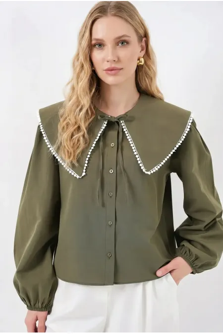 Kadın Haki Bebe Yaka Düğmeli Şık Günlük Gömlek HZL26S-BD1203141